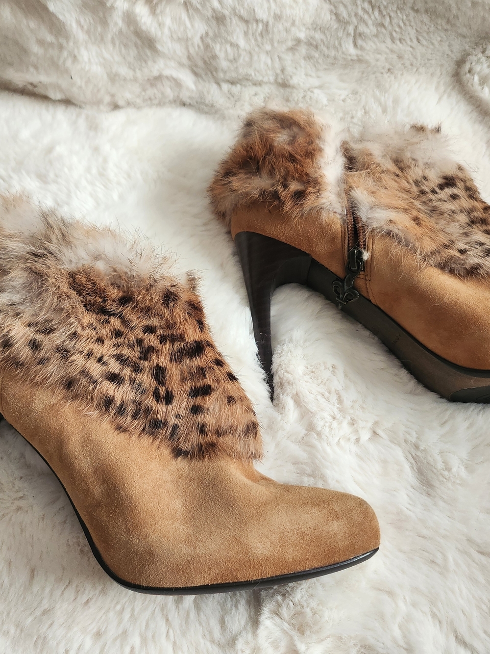 Donald J. Pliner Tan Suede Ankle Boots with Leopard Faux-Fur Trim - Picture 2 of 5